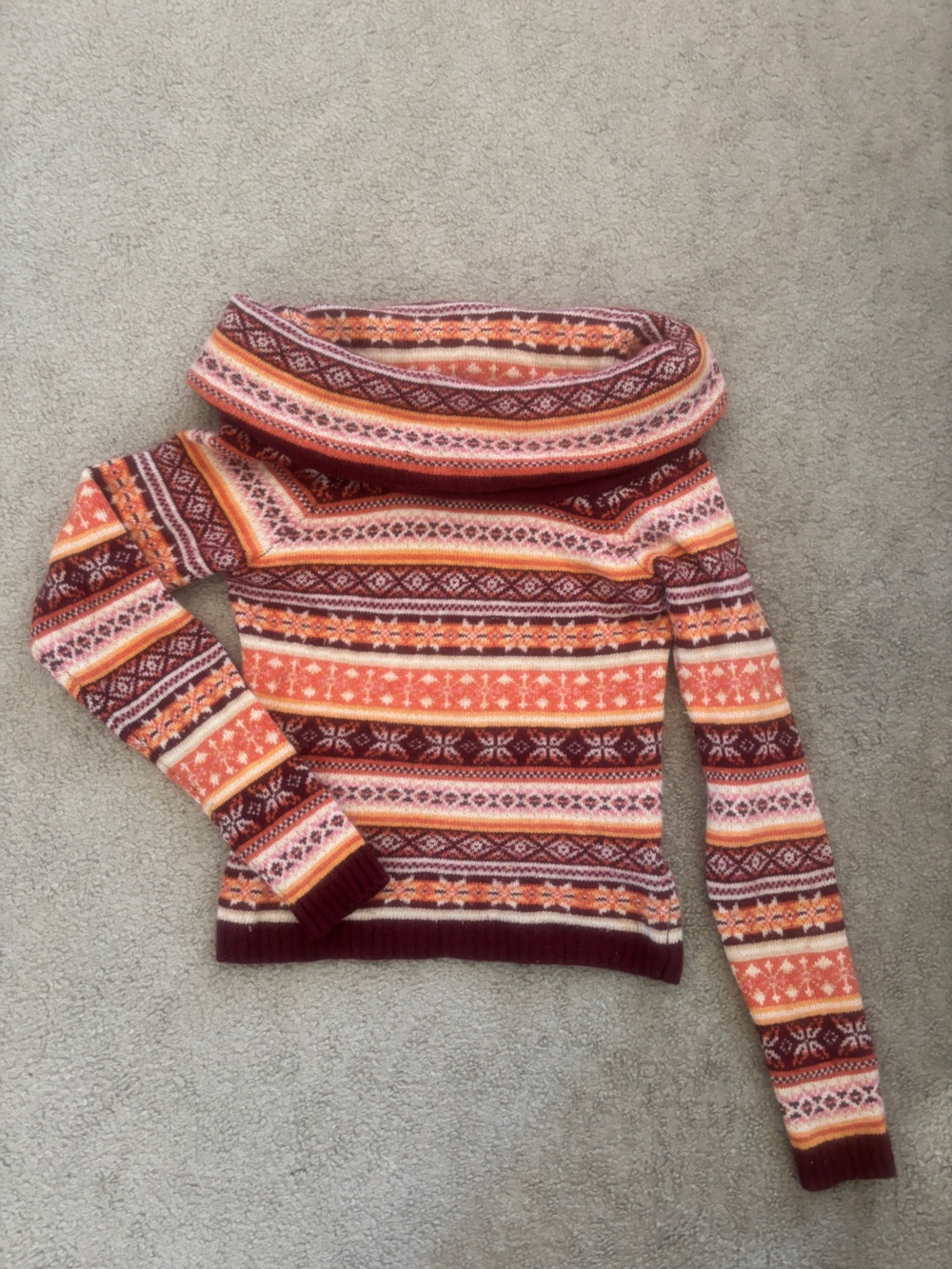 The Limited Striped Fair Isle Cowl Neck Sweater in Orange and Burgundy